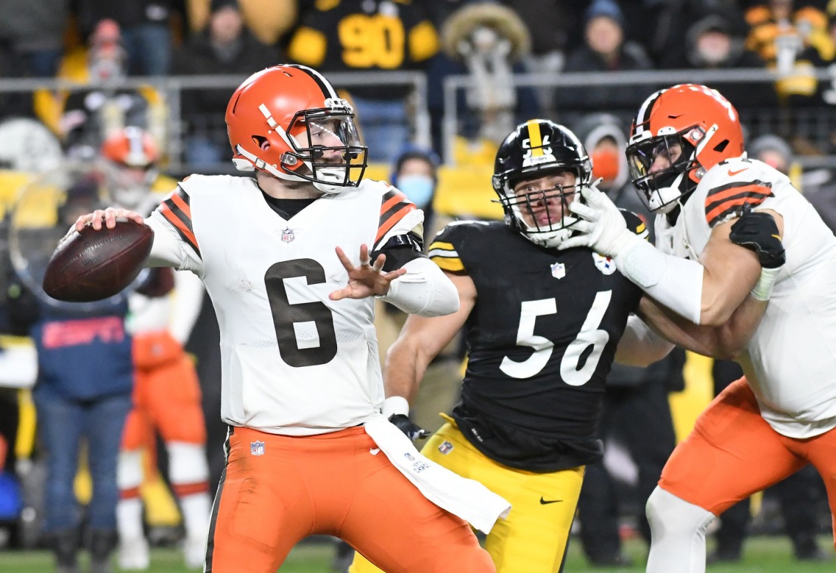 Jan 3, 2022; Cleveland Browns quarterback Baker Mayfield (6) throws a pass against the Pittsburgh Steelers. Mandatory Credit: Philip G. Pavely-USA TODAY